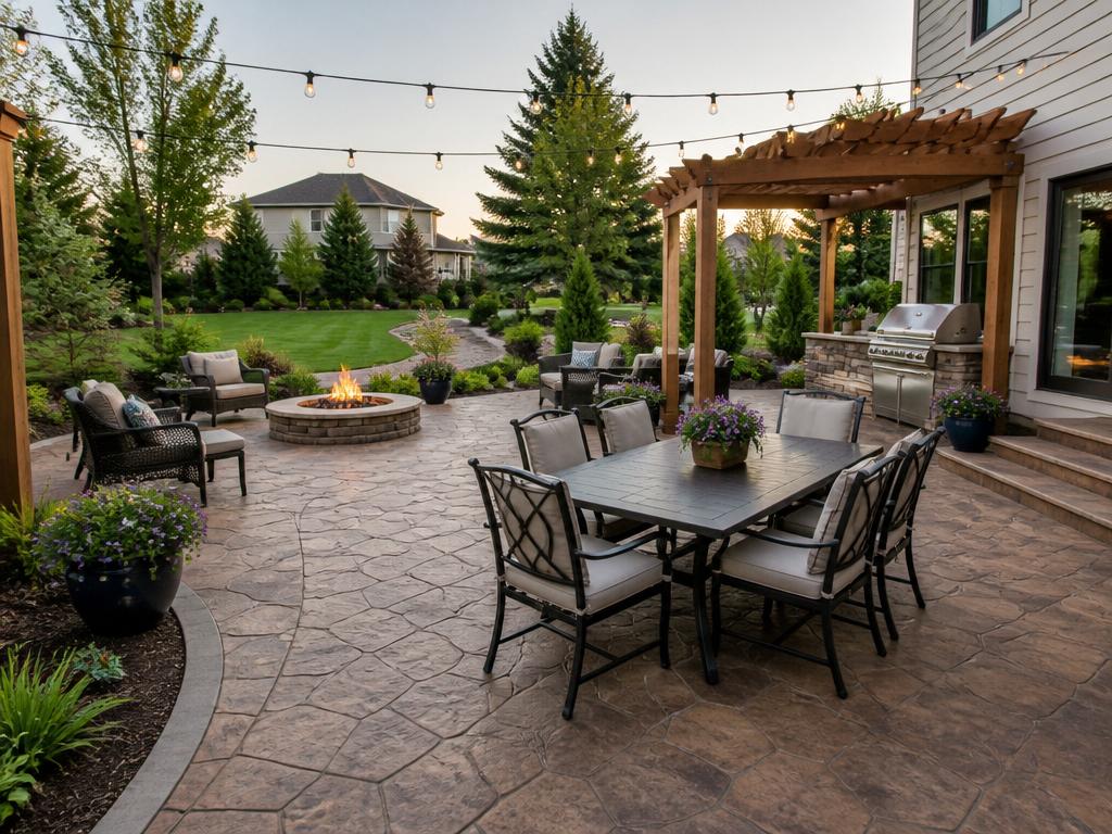 Spacious backyard stamped concrete patio with dining area, fire pit, pergola, and outdoor kitchen for entertaining